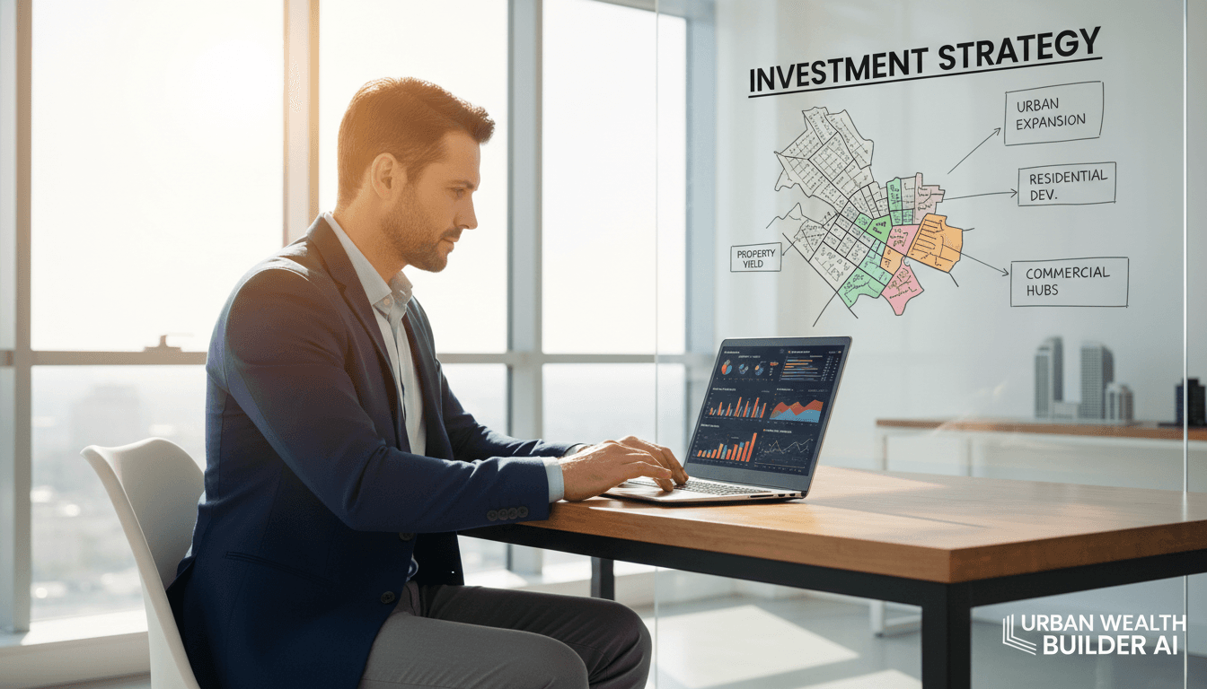 Professional analyzing property investment data on a laptop with financial charts visible