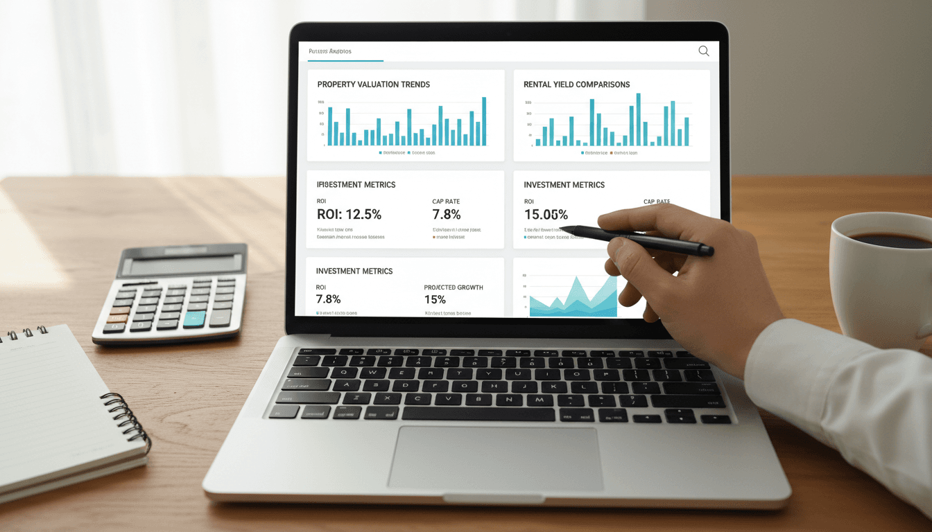 Laptop displaying real estate investment analytics and property data dashboard with financial charts