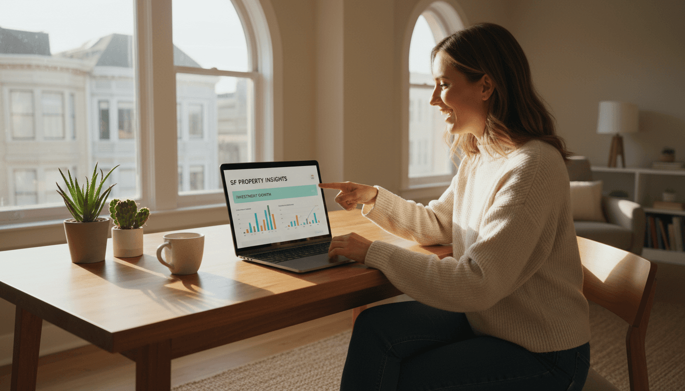 Beginner investor analyzing AI-generated property recommendations on laptop