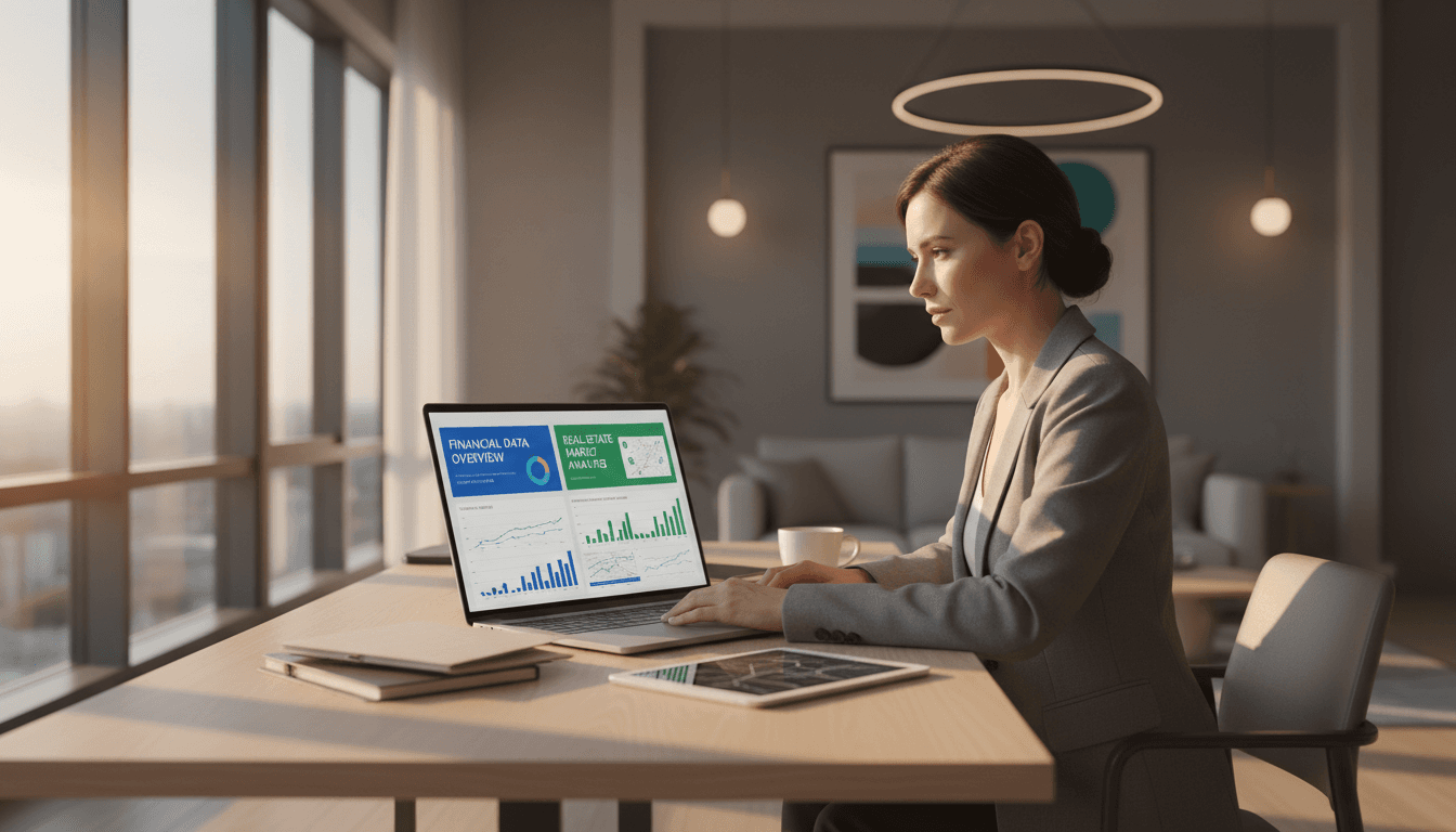 Professional reviewing real estate investment analysis and financial charts on laptop