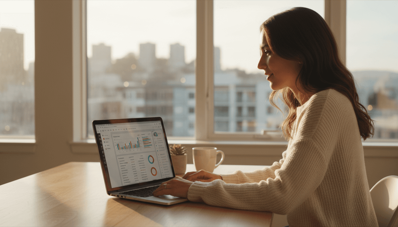 Young woman reviewing financial data on laptop at home desk