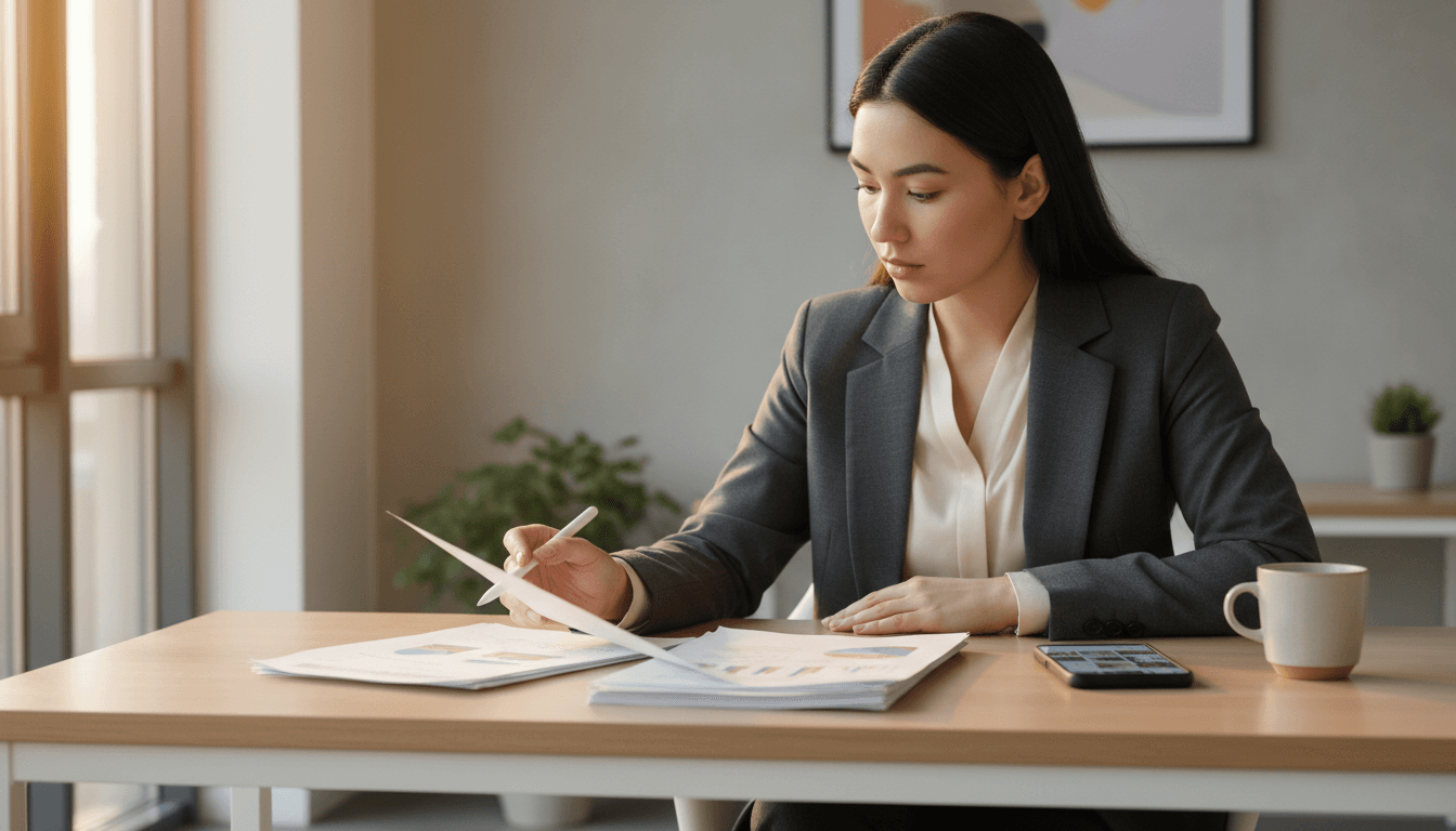 Young professional reviewing real estate investment documents and market analysis with focused concentration