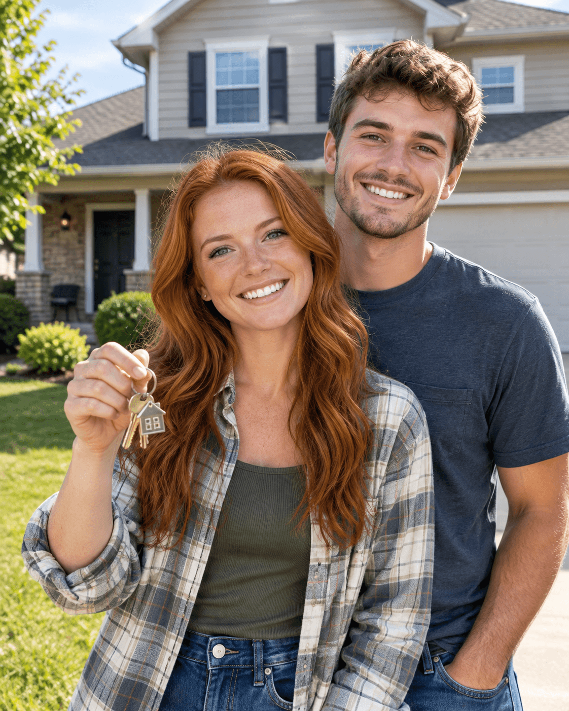 Smiling young couple holding keys with a house keychain in front of a suburban home.