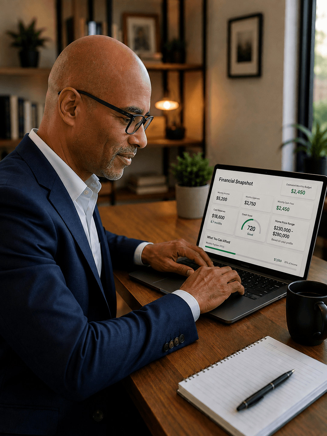 Black man in a suit reviews a financial snapshot dashboard on his laptop at home.