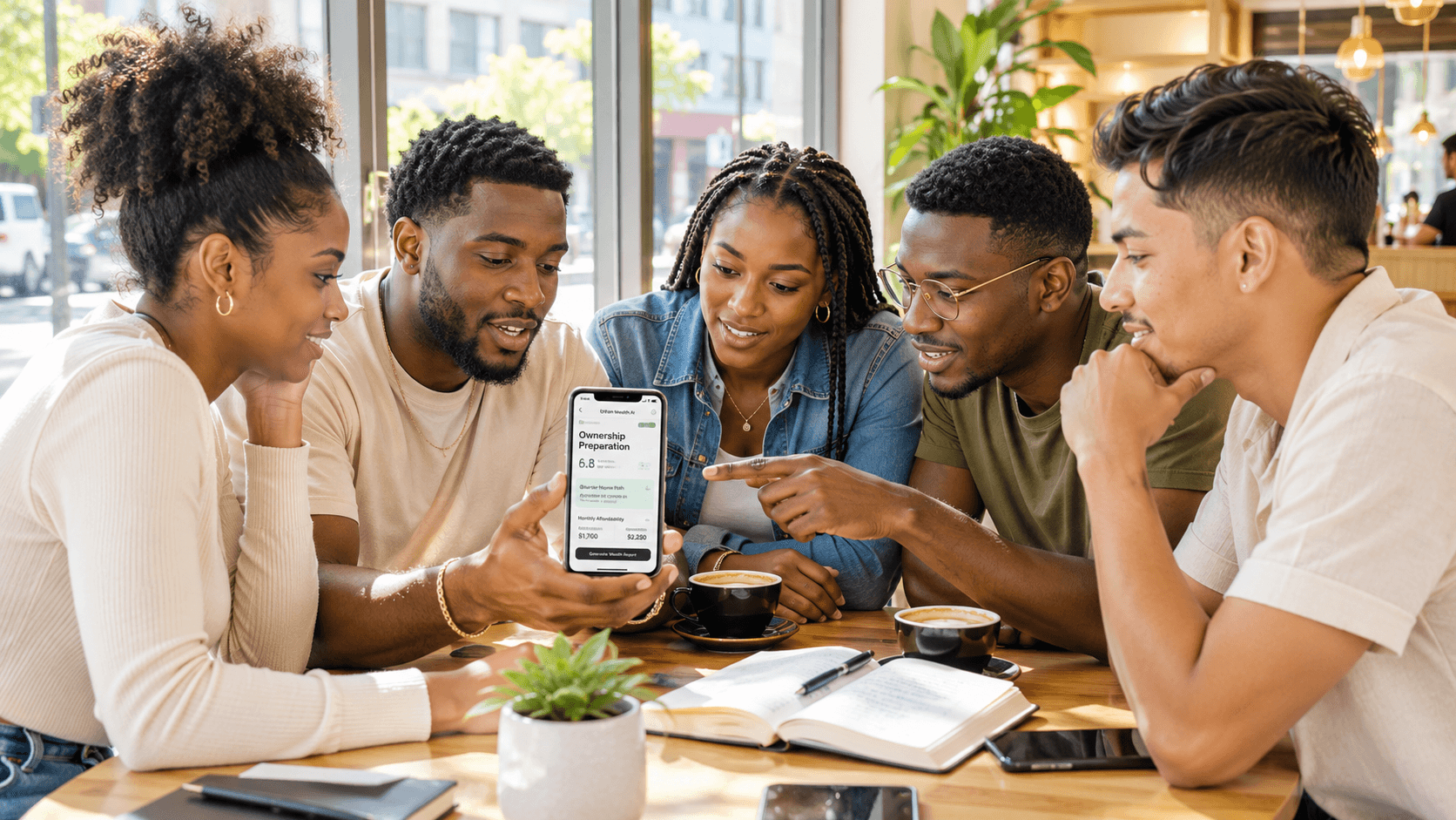 Diverse young adults in a cafe looking at a home ownership preparation app on a smartphone.