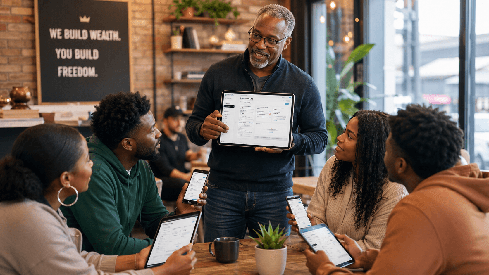 A man presents financial data on a tablet to a group of young Black adults.